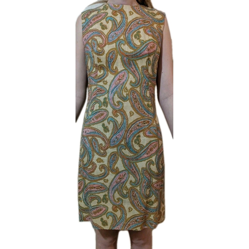 Vtg 60s 70s Mod Paisley Sheath Dress Union Made Boho Chic Retro Knee SZ S 4/6